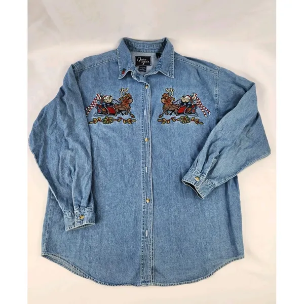 Vintage Embroidered Holiday SOFT Denim Shirt Reindeer Sleigh Bear Teacher Large - Image 15