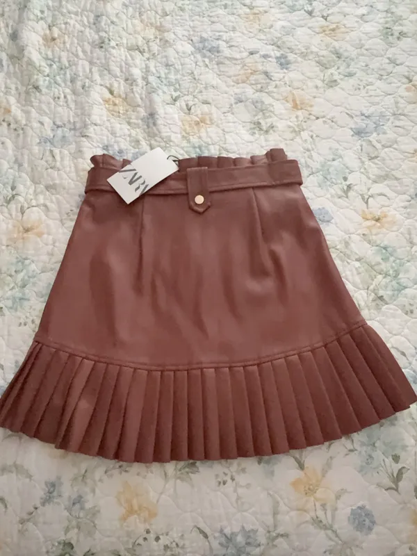 Zara Brown Faux-Leather Pleated Hem Mini Skirt with Belt - Image 5
