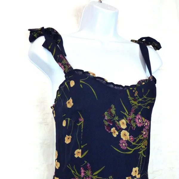 Reformation Dress Womens 4 Navy Floral Christine Ruffled Mini Tie Strap Viscose - Image 6