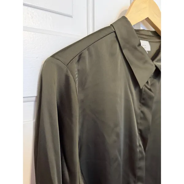 A New Day Olive Green Satin Long Sleeve Button Down Blouse Large L - Image 5