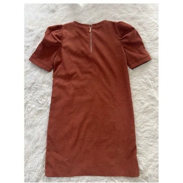 Molly Bracken XS Corduroy Shift Dress Brown Puff Sleeve Mini Retro Fall - Image 6