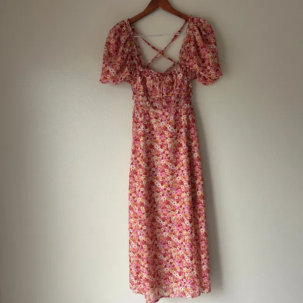 For Love and Lemons Pink Floral Midi Dress Size Small - Image 6