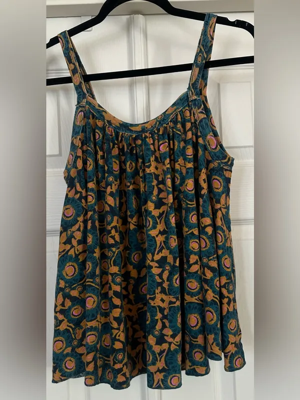 Natural Life Relaxed Button Down Tank Top Teal Dahlia Floral Boho Size S - Image 3