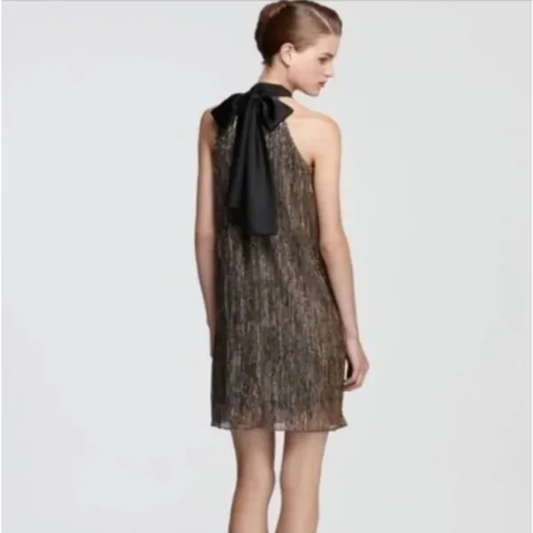 Laundry by Shelli Segal Metallic Gold Sleeveless Dress with Bow Neck Size 8 NWT - Image 4
