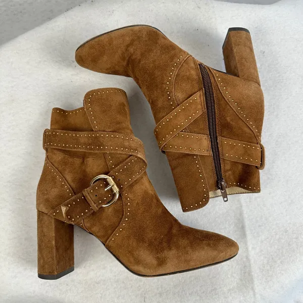 Ann Taylor‎ Brown Suede Studded Buckle Ankle Boots Women 6M Block Heel Moto Boho - Image 8