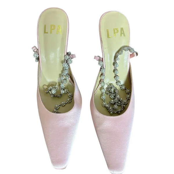 LPA Pink Satin Stiletto Heel SIZE 6.5 Pearl Rhinestone Strap Pump Party $208 NEW - Image 4