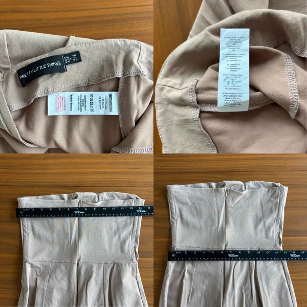 PrettyLittleThing Strapless Jumpsuit Sz 6 Tan Wide Leg Pintuck Office Workwear - Image 3