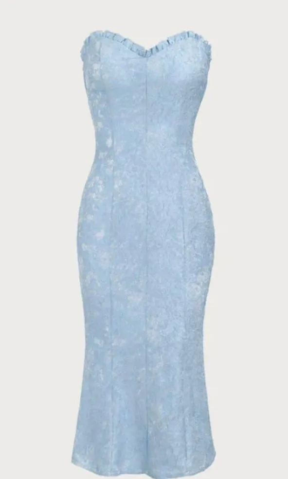 RIHOAS Previous Next Women's Blue Strapless Jacquard Midi Dress 3 - Image 7