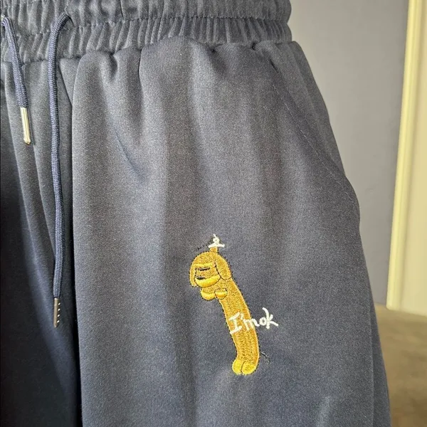 Unisex Blue Embroidered Puppy Baggy Sweatpants Y2K Wide Leg Pant Lantern Trouser - Image 3
