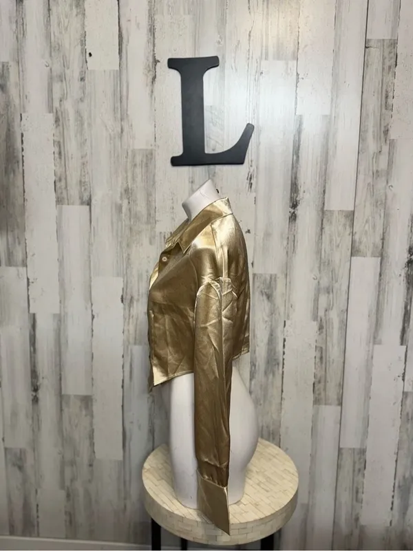 SHEIN Champagne Gold Satin Button Down Crop Top Womens Large Corset Hem Blouse - Image 2