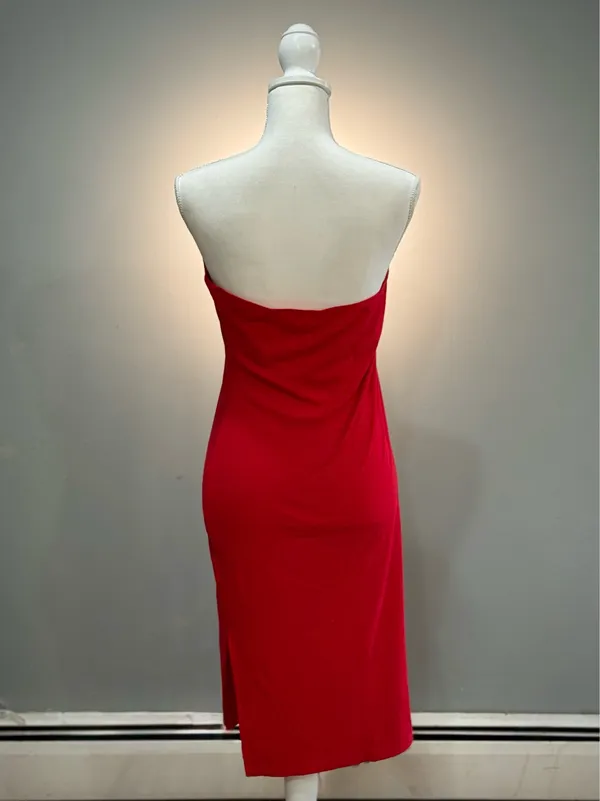 Unbranded Red Ribbed Strapless Midi Dress Size L NWT - Image 2