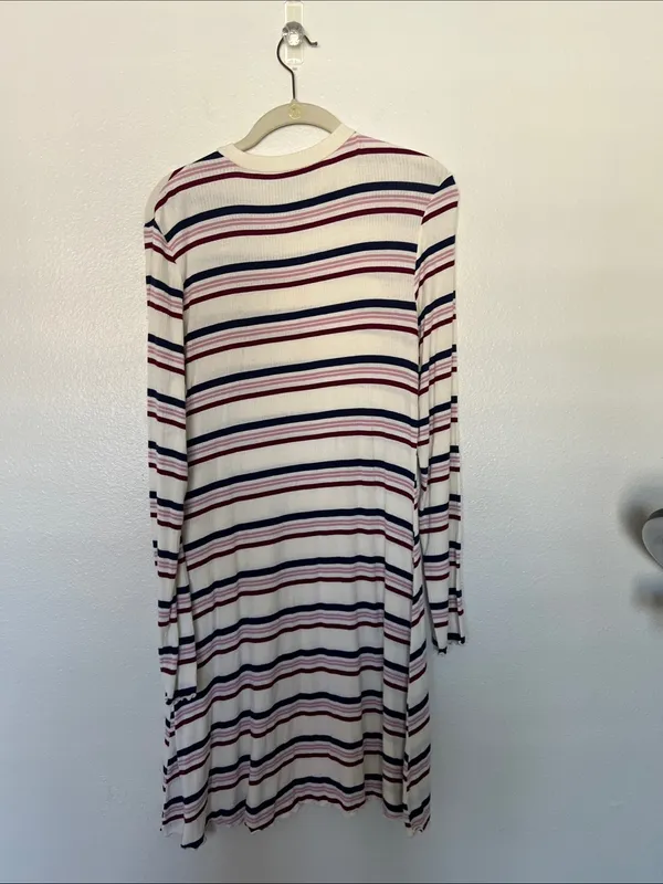EUC Arizona Striped Long-Sleeve Knit Dress - Cream with Navy & Burgundy Stripes - Image 3