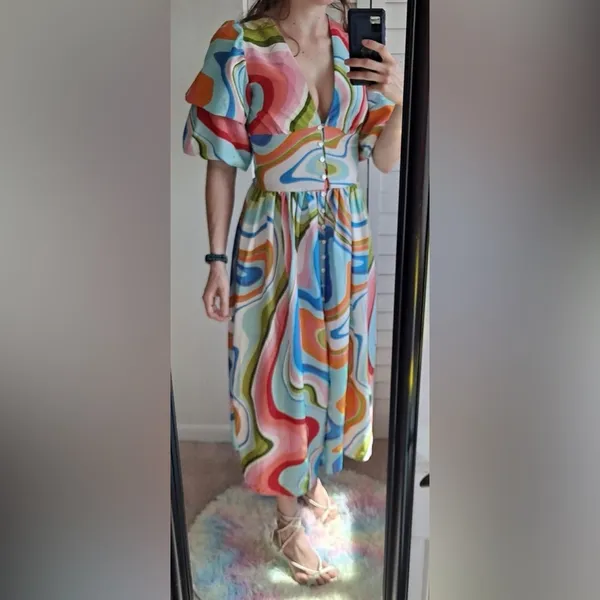 Red Dress Boutique Colorful maxi midi dress puff sleeve vneck button down swirl print - Image 3