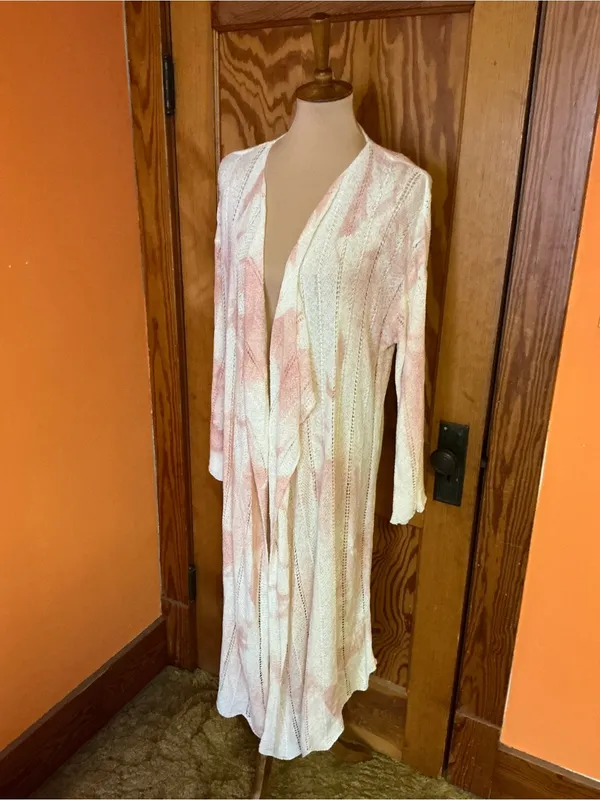 POL Long Open Front Duster Cardigan Large Pink Ivory Tie Dye Pointelle Knit Boho - Image 7