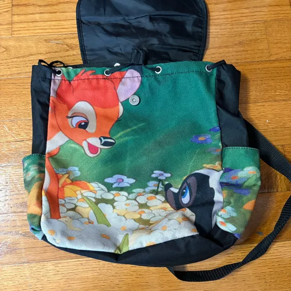 Disney Loungefly Bambi Drawstring Canvas Backpack Flower Green Black - Image 3