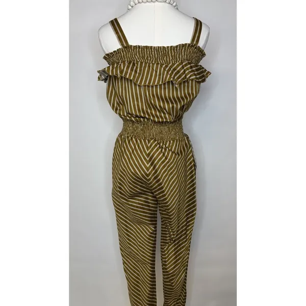 RW&A Rwanda Clothing Women Olive Striped Cold Shoulder Smocked Waist Jumpsuit - Image 6