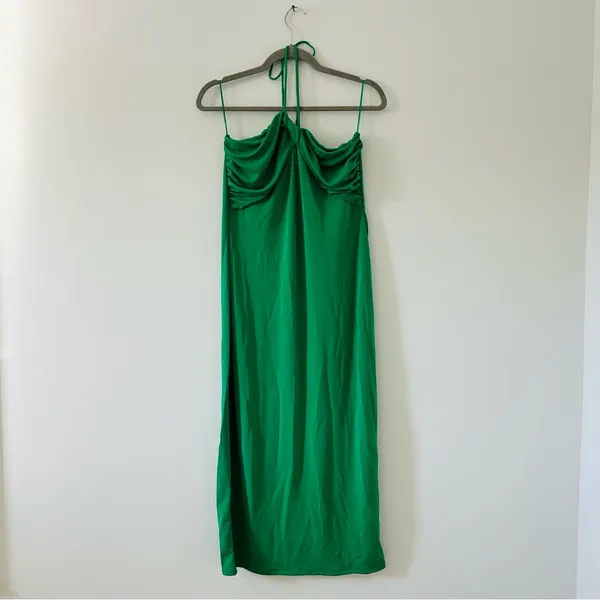 Zara Green Twist Front Halter Sleeveless Midi Seersucker Slip Dress NWT Large - Image 2