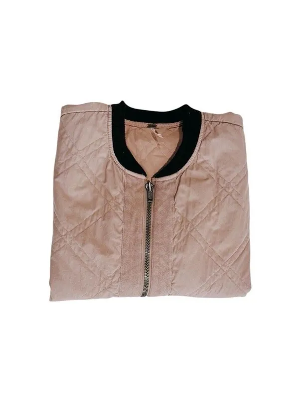 (RFB1) Free People Quilted Bomber Varsity Jacket Blush Beige L Casual Trendy - Image 5