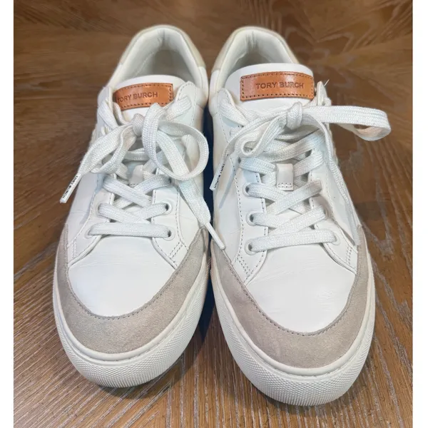 Tory Burch Color Block Sneakers‎ Leather Suede White Tan Neutral Size 9 - Image 2