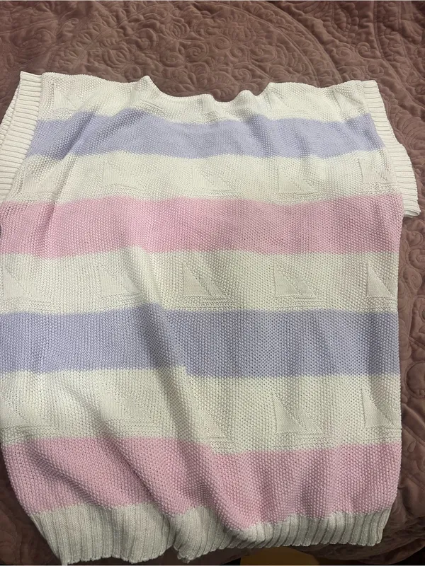 Vintage Striped Knit Sweater Vest in White, Pink & Lavender - Image 2