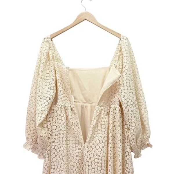 Storia Floral Lace Midi Dress Cream Long Sleeve Square Neck Fit Flare Medium - Image 6