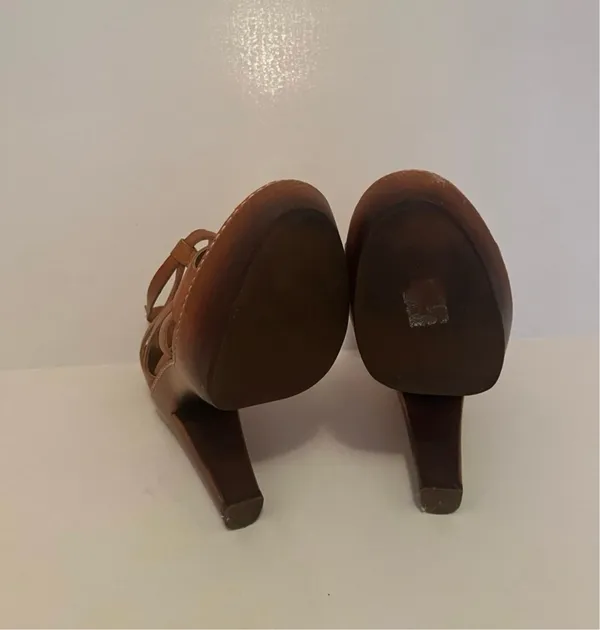 Ugg Tan Leather Woven Stack Heels Sandals  - Image 8