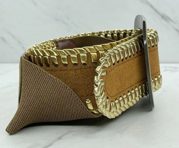 Brown Faux Suede Stretch Belt Metallic Gold Lacing Large/XL (L/XL) ✨ - Image 3