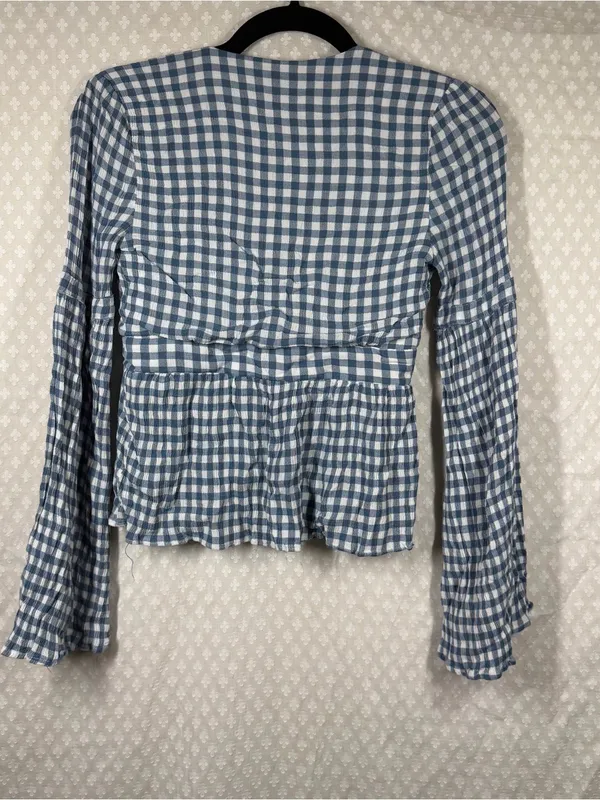 Vici Blue White Gingham Flare Long Sleeve Cropped Top - Image 6