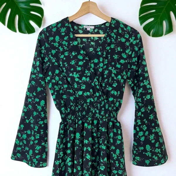 ASOS Subdued Emerald Leaf Floral Print Ruffle Tiered Flare Sleeve Dress - Image 6