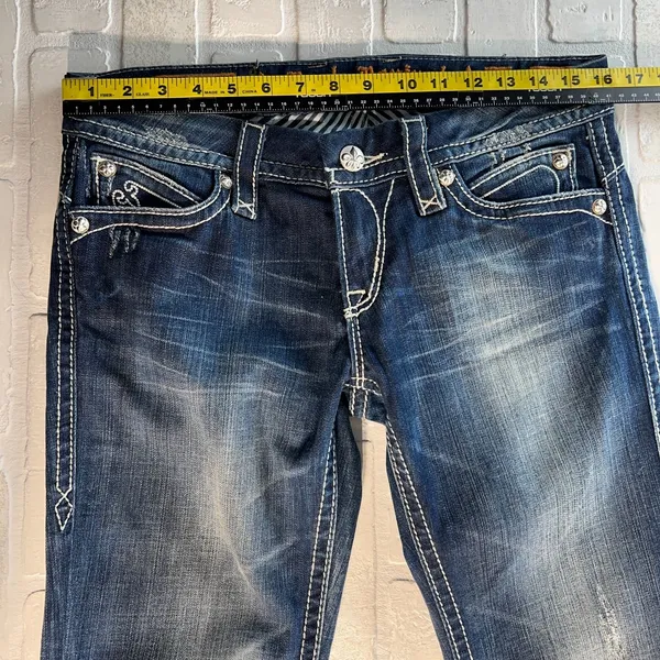 Y2K Rock Revival Sasha‎ Boot Jeans Womens 31 Dark Wash Denim Flap Rhinestones - Image 12