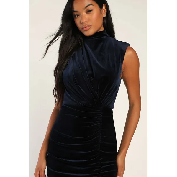 NWT Lulus Alluring Image Navy Blue Ruched Velvet Mock Neck Maxi Dress Gala Sz S - Image 8
