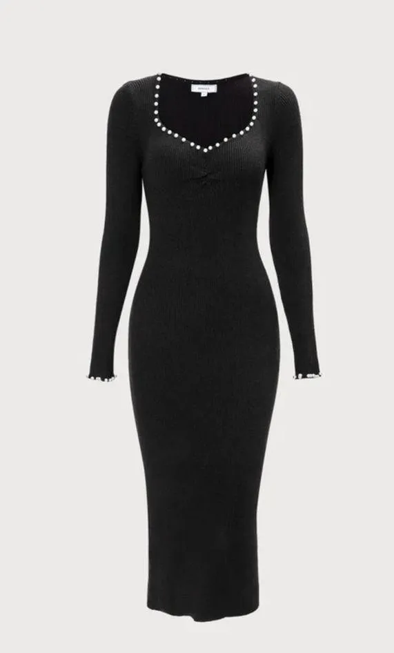 Rihoas Black Pearl Trim Bodycon Knit Midi Dress, Size M, NWT - Image 6