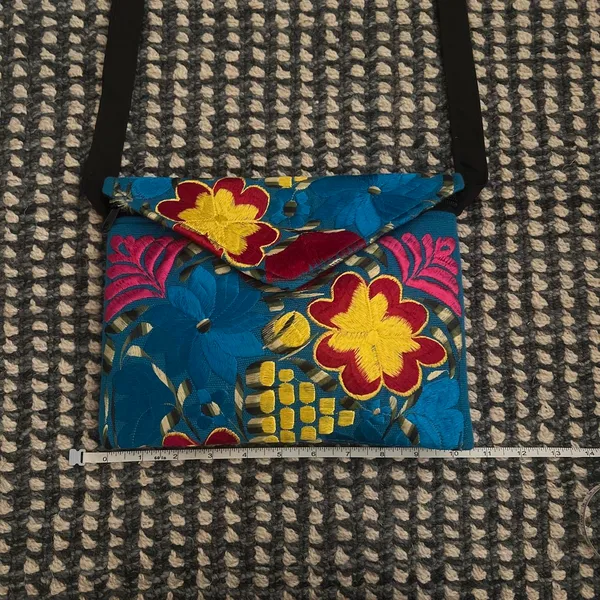 Blue and yellow crossbody bag with a unique, hand-sewn design No flaws and perfect condition/never used Zipper and additional pockets inside - Image 3