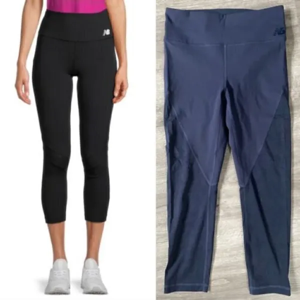 New Balance Women's Athletic Leggings Navy Blue Cropped Mesh Waist Compression - Image 12