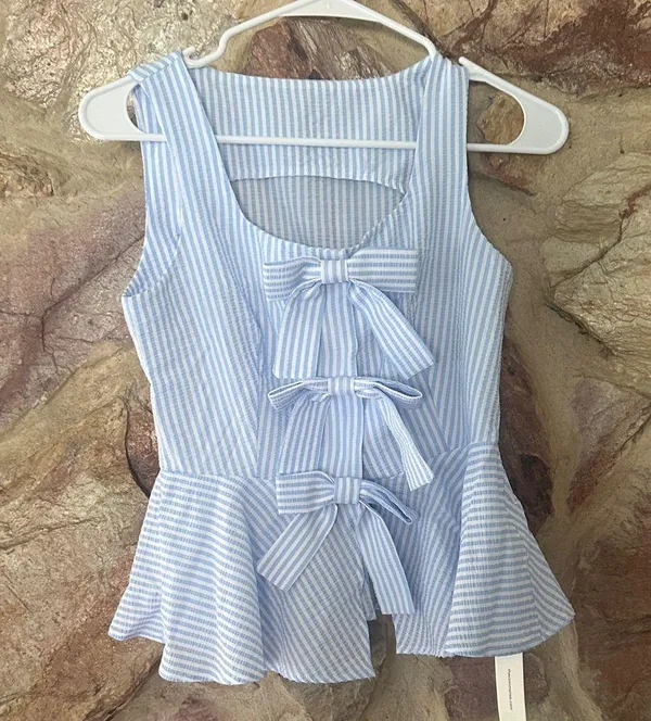 Commense Striped Peplum Top With Bow Details XS White - Image 3
