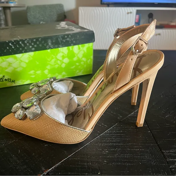 Sam Edelman straw textured jeweled slingback heels Size 8.5M NIB - Image 2