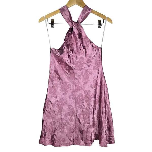 Lulus Got the Key Mauve Satin Floral Jacquard Halter Mini Dress CJD109045 S - Image 4