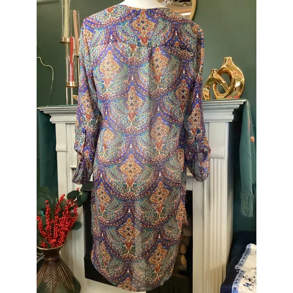 Bobeau Sheer Paisley Tunic Dress Womens Medium Roll Tab Sleeve‎ - Image 5