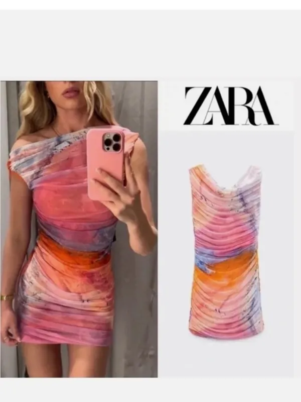 Zara Pink sunset Multiwatercolor Ruched Mini Dress sz m - Image 2