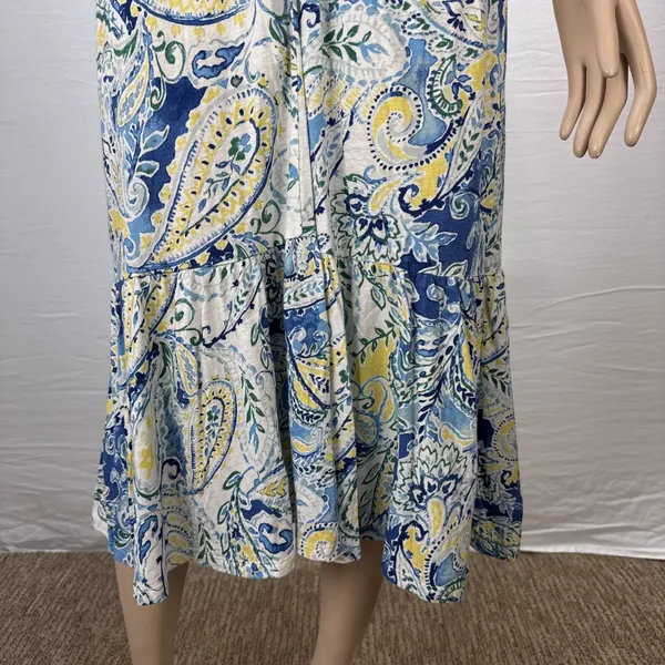 Ralph Lauren‎ Paisley A-Line Midi Dress Size L Blue White Linen Viscose Jersey - Image 4