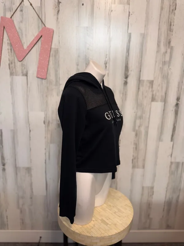 GUESS Los Angeles Black Cropped Hoodie Womens Medium Fishnet Mesh Yoke Pullover - Image 5