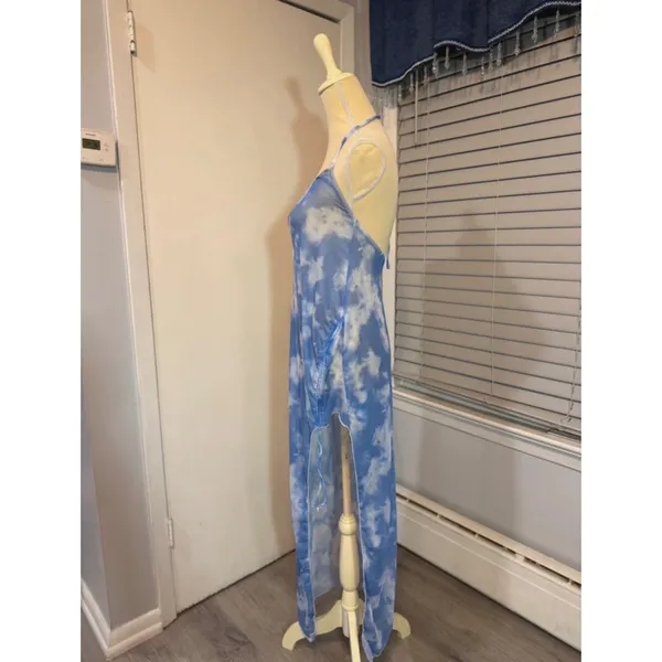Blue Cloud Print Halter Swim Cover Up Maxi Dress Beach Resort Side Slit - Image 7