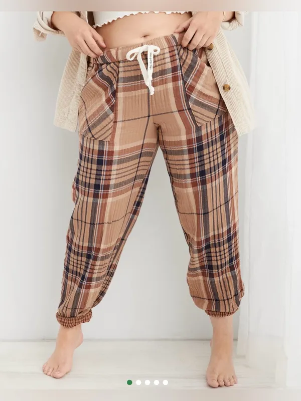 Aerie Tan Navy Plaid Soft Gauze Pajama Jogger Lounge Pants - size XL - Image 9