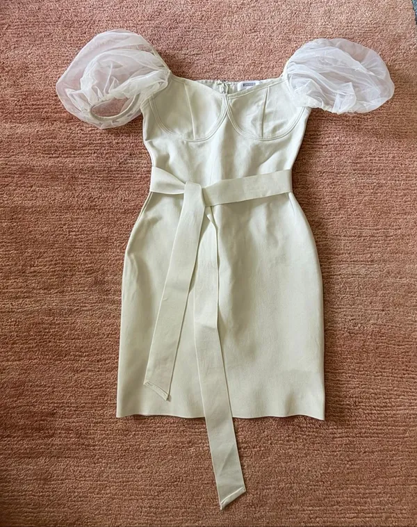Missguided Ivory Corset Mini Dress Size S Organza Puff Sleeve Belted - Image 2