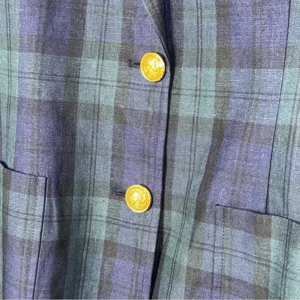 Lauren Ralph Lauren 10 Blue Green Tartan Plaid Linen Blazer Gold Crest Buttons - Image 5
