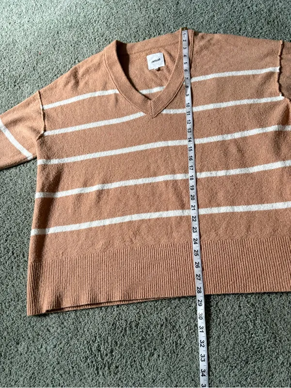 Aerie Women Tan Striped Oversized V-Neck Sweater Size L Cozy Slouchy Knit Soft - Image 3