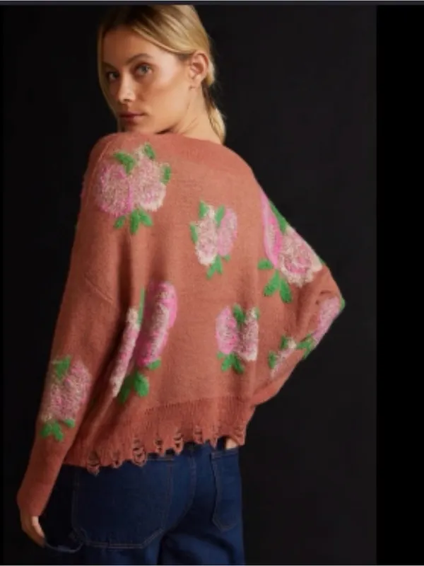 Anthropologie slouchy oversized sweater floral distressed hem sz XS pink boxy - Image 2