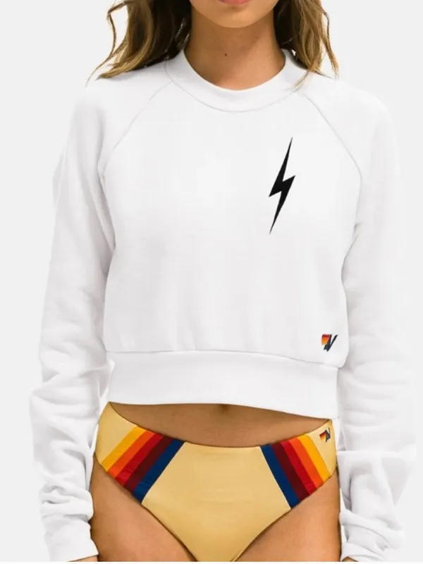 Aviator Nation White Cropped Sweatshirt Small Lightning Bolt Raglan Pullover USA - Image 11