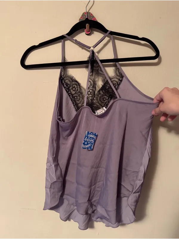 Free People NWT Tank XS Lilac Purple Satin Cami with Black Lace Trim - Image 4