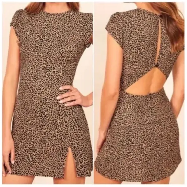 Reformation‎ Lena Leopard Print Open Back Mini Dress Tan Black Slit Womens 2 - Image 2